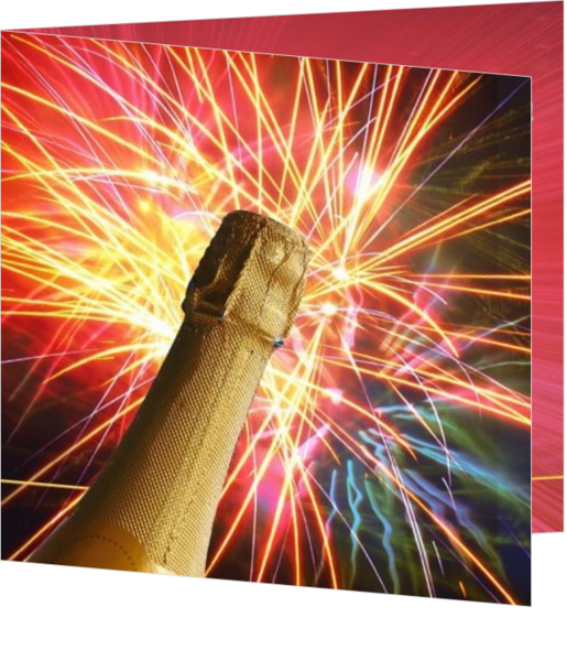 Nieuwjaarskaart vuurwerk champagne fles