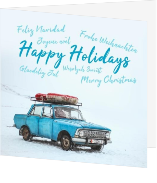 Happy holidays in alle talen met blauwe auto