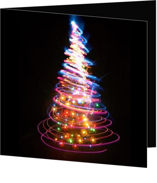 Trendy kerstkaarten - zwarte kerstkaart met kleurrijk verlichte kerstboom, vk