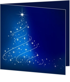 Kerstboom - moderne blauwe kerstkaart met verlichte kerstboom, vk