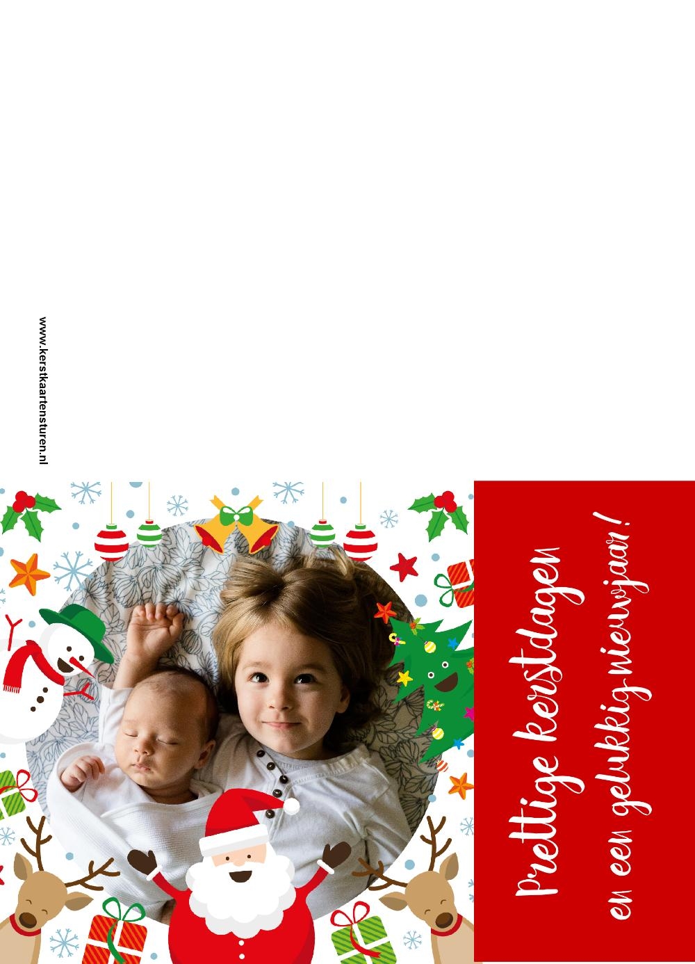 Kerstkaart met fotokader en vrolijke kerstfiguren Achterkant/Voorkant