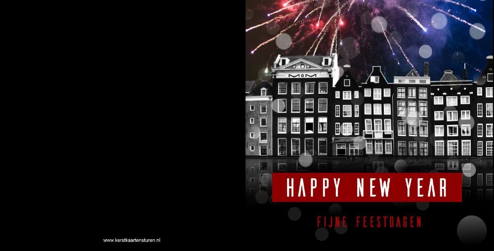 Amsterdamse grachtenpandjes met vuurwerk en happy new year Achterkant/Voorkant