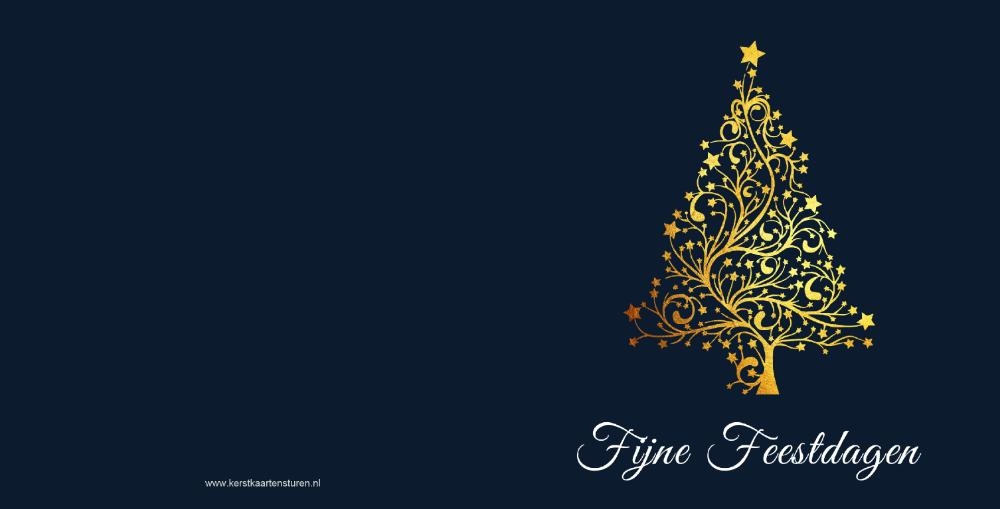 Blauwe kerstkaart met sierlijke gouden kerstboom Achterkant/Voorkant