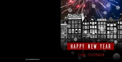 Amsterdamse grachtenpandjes met vuurwerk en happy new year Achterkant/Voorkant