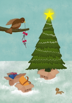 Kerstboom verhuisdozen vogel dag Voorkant